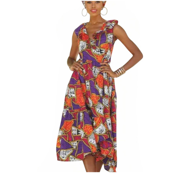 Ashro Plus Size Maxi Dress 18W Sleeveless V Neck Wrap Pockets Afrocentric Boho - Picture 2 of 10